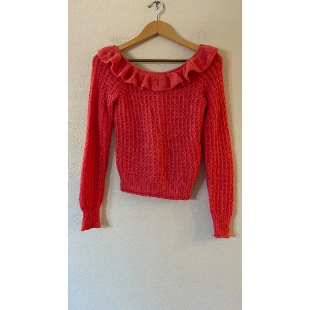 Anthropologie Ruffled Boat Neck Sweater Size XS Coral Pink Fuzzy Knit Wool Blend